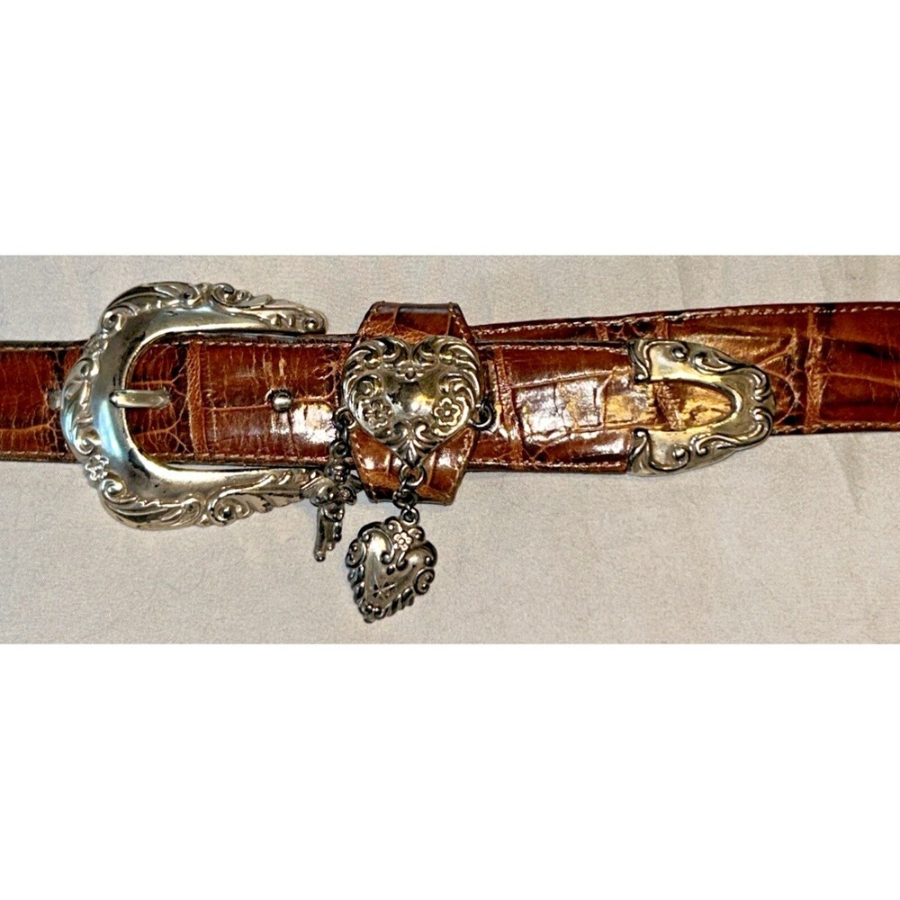 Vtg 90s Brighton Leather Belt Silver Tone Charms Buckle M 42907 Brown Ornate - Picture 2 of 11